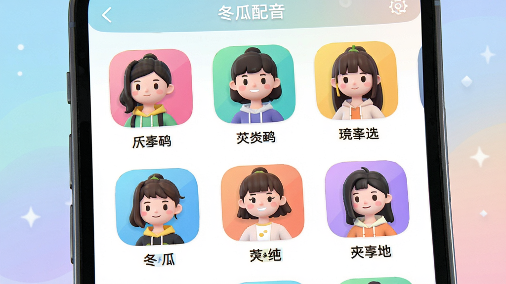 一张展示冬瓜配音软件中AI发音人选择界面的创意插画,主体为手机屏幕内排列着多个不同风格的虚拟人物头像图标,每个头像下方标注音色类型,布局采用网格状排列,风格为卡通科技风,细节包含彩色头像、柔和背景渐变、清晰的分类标签,画质高清干净无多余元素,画面中文字“冬瓜配音”