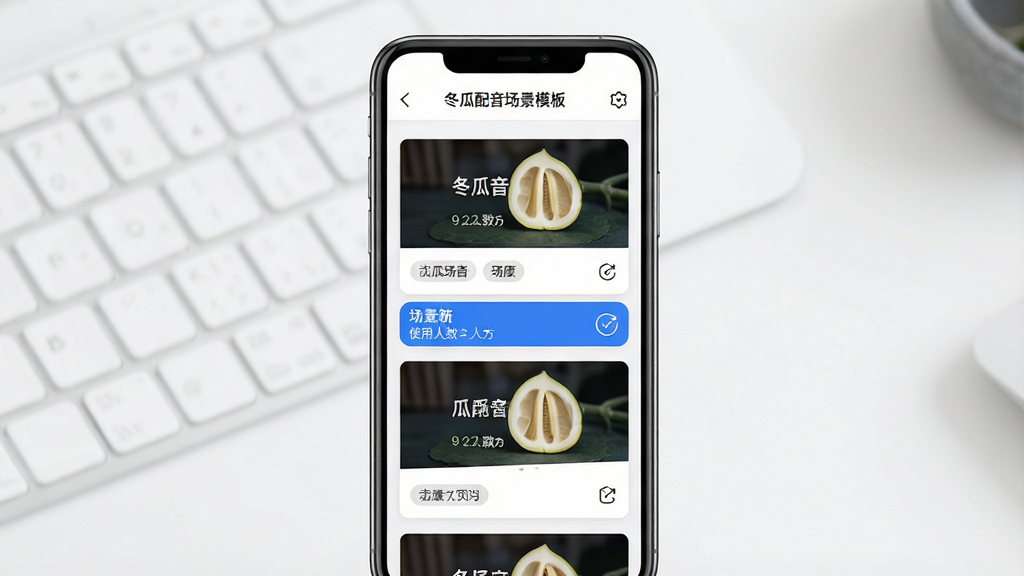 一张展示冬瓜配音软件中场景模板选择页面的产品界面图,主体为手机屏幕显示多个模板卡片,布局为纵向滚动列表排列,风格为现代简约商务风,细节包含模板封面缩略图、场景标签文字、使用人数统计、蓝色高亮选中状态,画质高清干净无多余元素,画面中文字“冬瓜配音场景模板”