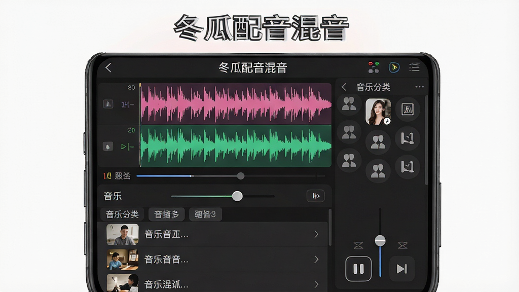 一张展示冬瓜配音软件中背景音乐混音编辑界面的示意图,主体为手机屏幕显示音频波形轨道和音乐选择面板,布局上方为波形图下方为音乐列表,风格为专业音频编辑工具风格,细节包含彩色波形、音量滑块、播放控制按钮、音乐分类标签,画质高清干净无多余元素,画面中文字“冬瓜配音混音”