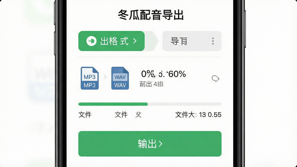 一张展示冬瓜配音软件中文字转语音导出设置界面的产品截图,主体为手机屏幕显示导出格式选项和进度条,布局上方为格式选择区域下方为导出按钮,风格为简洁扁平化设计,细节包含MP3和WAV格式图标、导出进度百分比、文件大小显示、绿色导出按钮,画质高清干净无多余元素,画面中文字“冬瓜配音导出”