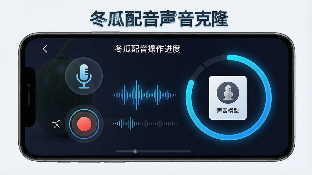 一张展示冬瓜配音软件中声音克隆功能操作流程的示意图,主体为手机屏幕显示录音上传界面和克隆进度,布局左侧为录音按钮右侧为克隆进度环,风格为未来科技感设计,细节包含麦克风图标、声波可视化动画、克隆完成后的声音模型卡片、蓝色光效,画质高清干净无多余元素,画面中文字“冬瓜配音声音克隆”