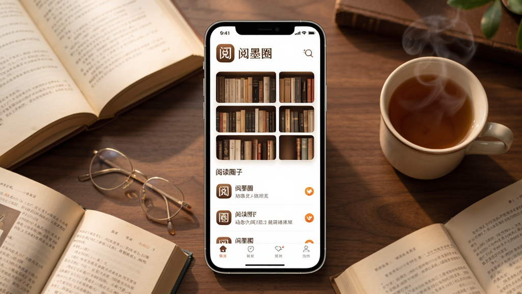 一款名为阅墨圈的手机应用界面展示图,画面中央是手机屏幕,屏幕内显示书架列表与阅读圈子动态,周围散落着几本翻开的书籍和一杯热茶,布局采用中心构图,整体风格温暖文艺,细节上突出应用图标和界面文字“阅墨圈”,画质清晰,干净,无多余元素。