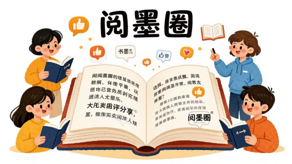 一幅以“阅墨圈”书评分享为主题的插画,画面中央是一本打开的书,书页上浮现出文字片段和点赞图标,周围有几位卡通人物在阅读和讨论,布局采用中心环绕式,风格活泼明快,细节上书页文字清晰可见并带有“阅墨圈”水印,画质清晰,干净,无多余元素。