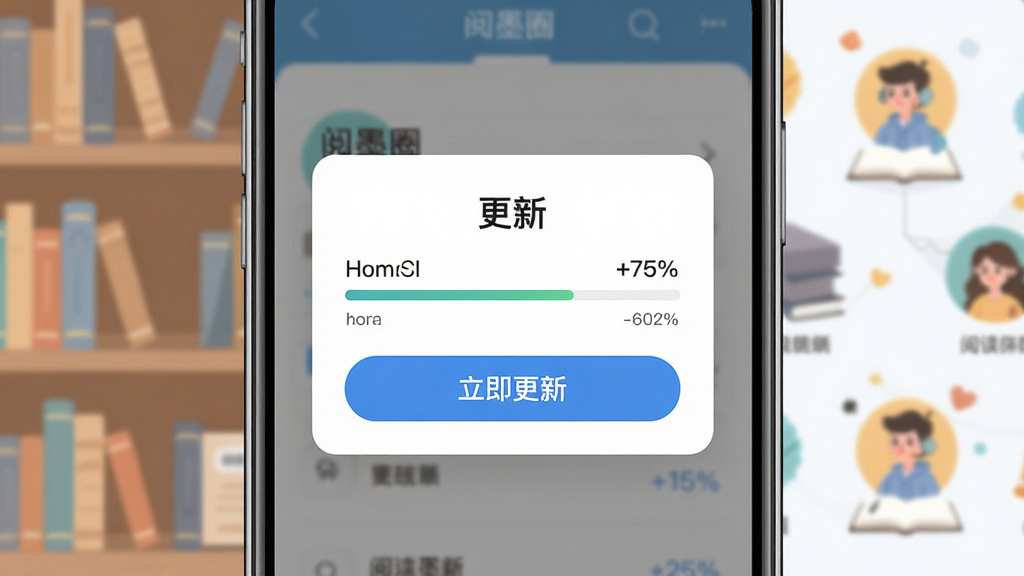 阅墨圈应用更新界面示意图,画面主体是手机屏幕显示更新弹窗,弹窗内有进度条和“立即更新”按钮,背景是书架和阅读圈子元素,布局采用居中特写,风格简洁明快,细节上突出弹窗文字和进度百分比,画质清晰,干净,无多余元素。