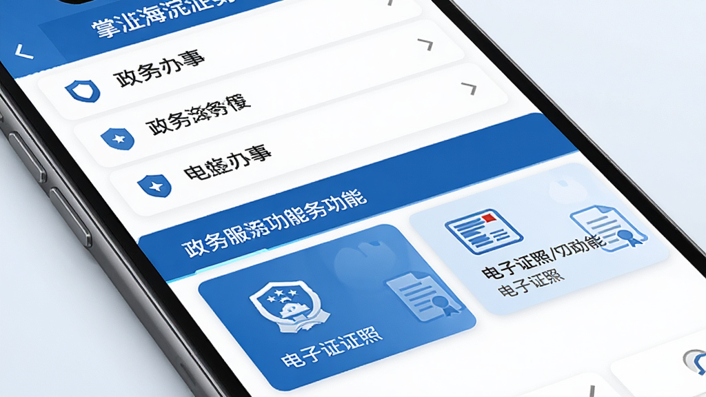 掌上海淀 政务服务功能界面,主体为手机屏幕特写,屏幕内展示政务办事列表和电子证照卡片,布局为上下分栏结构,排版清晰有序,风格为政务蓝白配色,细节上带有盾牌和文件图标,画质高清,画面干净,无多余元素