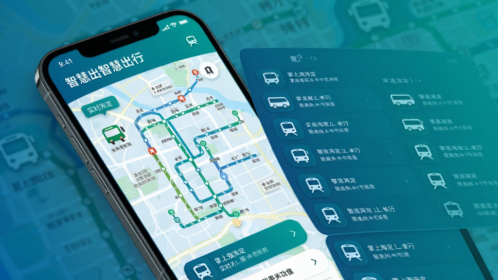 掌上海淀 智慧出行功能界面,主体为手机屏幕展示实时公交和地铁线路图,布局为地图加列表组合,排版直观易读,风格为科技感蓝绿色调,细节上带有公交车和地铁图标,画质高清,画面干净,无多余元素