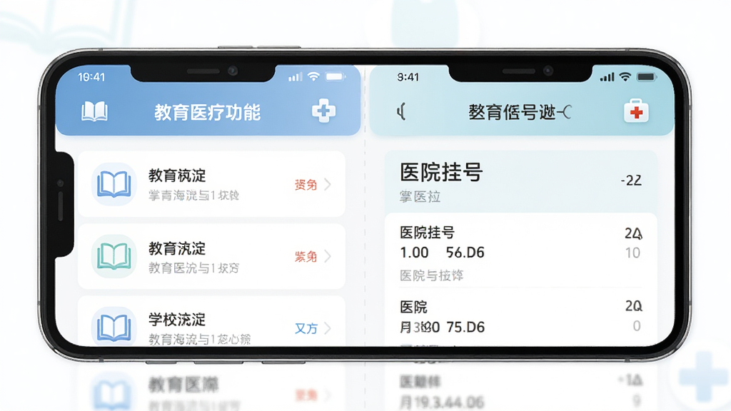 掌上海淀 教育医疗功能界面,主体为手机屏幕展示学校列表和医院挂号页面,布局为左右分栏结构,排版工整,风格为清新淡雅配色,细节上带有书本和医疗十字图标,画质高清,画面干净,无多余元素