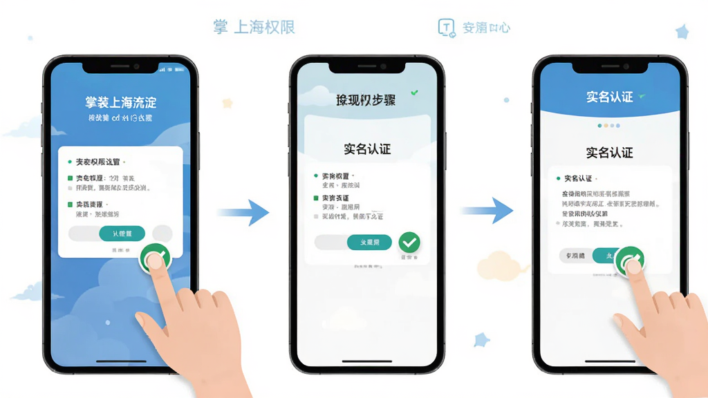 掌上海淀 移动端使用教程示意图,主体为手机屏幕展示安装权限设置和实名认证步骤,布局为分步图解形式,排版从左到右依次排列,风格为扁平化教学插图,细节上带有手指点击和勾选图标,画质高清,画面干净,无多余元素