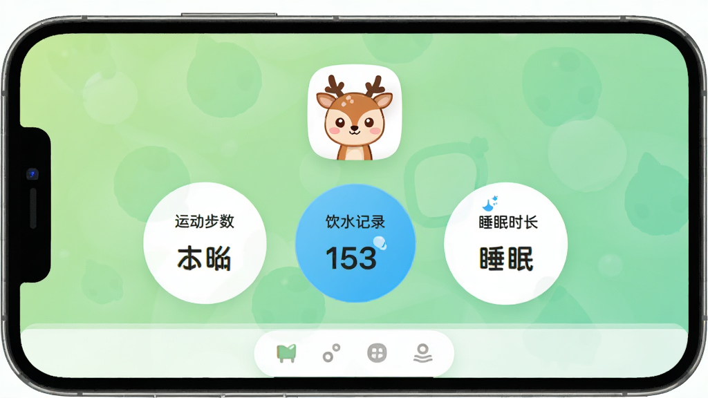 手机屏幕中央展示哈喽小鹿应用主界面,浅绿色渐变背景,顶部显示可爱的卡通小鹿图标,下方排列着运动步数、饮水记录、睡眠时长三个圆形数据卡片,卡片内数字清晰可见,界面底部有四个导航按钮,整体风格清新简洁,扁平化设计,高清晰度,干净无多余元素