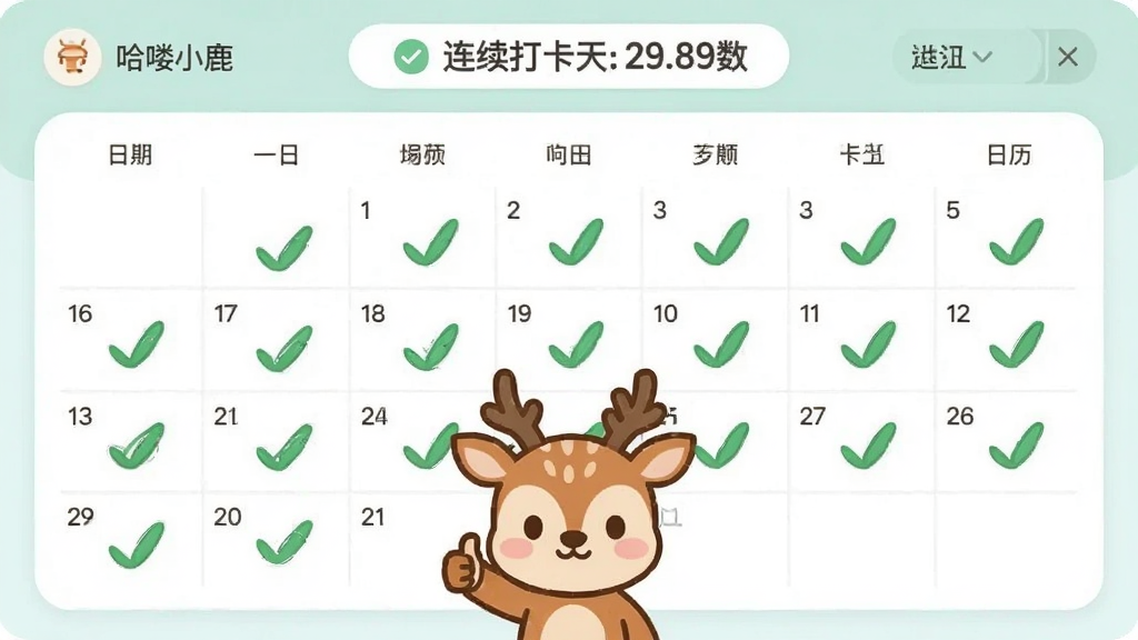 哈喽小鹿应用的习惯打卡日历界面,月份视图上多个日期带有绿色对勾标记,页面顶部显示连续打卡天数,底部有可爱的小鹿卡通形象竖起大拇指,整体配色清新柔和,画面干净整洁