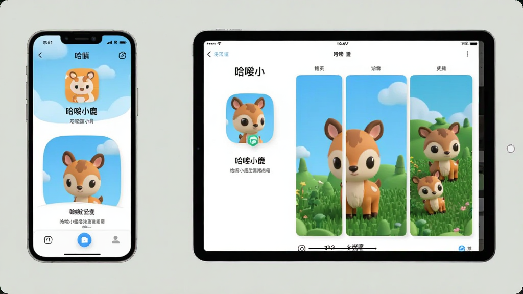展示哈喽小鹿应用在手机和平板两种设备上的界面适配效果,左侧手机显示竖屏布局,右侧平板显示横屏多栏布局,界面元素清晰可辨,浅色背景,产品展示风格,画面干净无杂物