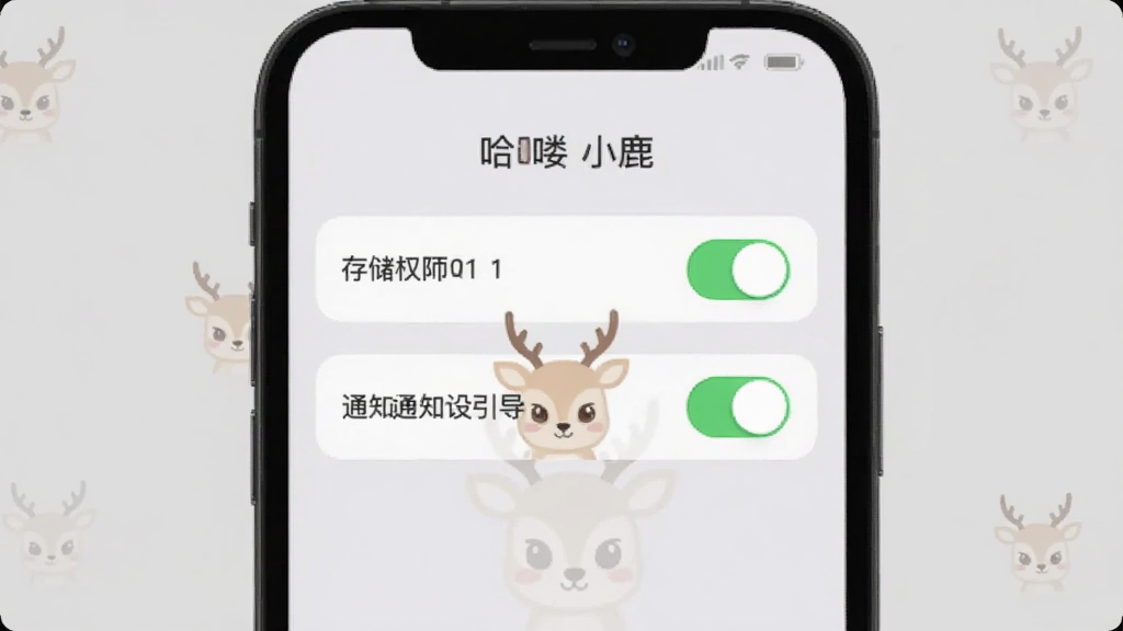 哈喽小鹿应用权限设置引导界面,手机屏幕上显示存储权限和通知权限的开关按钮,背景为浅灰色,界面简洁明了,带有小鹿图标水印,画面干净清晰