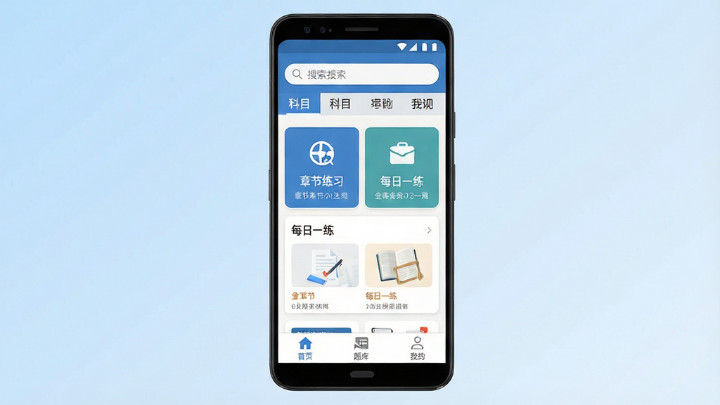 一张展示注册税务师全题库手机APP主界面的图片,画面中央是一部竖屏安卓手机,手机屏幕上显示注册税务师全题库的首页,顶部有搜索框和科目分类标签,中部为章节练习入口和每日一练卡片,底部导航栏包含首页题库我的等图标,背景为浅蓝色渐变,整体风格简洁清爽,布局规整,细节清晰,画质干净,无多余元素