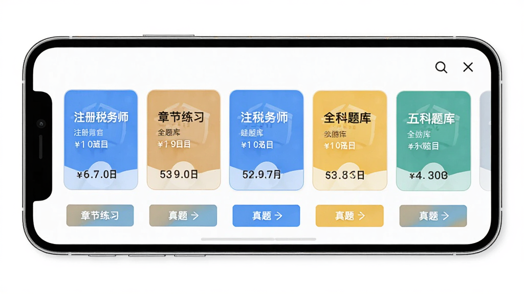 注册税务师全题库五科题库界面展示,一部手机屏幕中显示五个科目卡片横向排列,每个卡片上有科目名称和题目数量,卡片下方有章节练习和真题入口按钮,背景为白色,风格清新简约,画质清晰,干净无多余元素