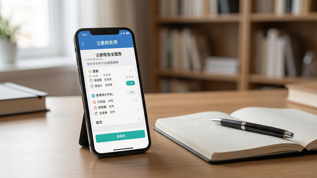 注册税务师全题库使用指南场景图,一部手机放置在桌面上,屏幕显示刷题界面,旁边有笔记本和笔,背景为书房环境,光线柔和,风格写实,画质清晰,干净无多余元素