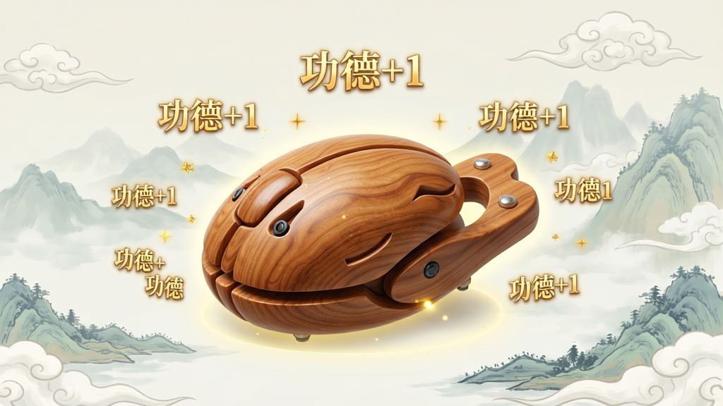 一幅展现灵韵木鱼软件核心界面的插画,画面中央是一个精致的木质电子木鱼,周围环绕着漂浮的“功德+1”金色字符,背景是淡雅的山水云雾,布局居中对称,排版简洁,风格为清新禅意国风,细节包含木鱼纹理、光晕效果,画质高清,干净,无多余元素