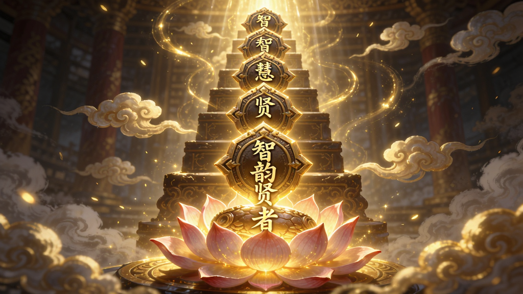一幅描绘灵韵木鱼功德等级晋升的插画,主体是发光的莲花座与阶梯式等级徽章,布局为垂直向上延伸,排版具有层次感,风格为玄幻仙侠风,细节包含“智慧贤者”字样、金色光效、祥云,画质高清,干净,无多余元素