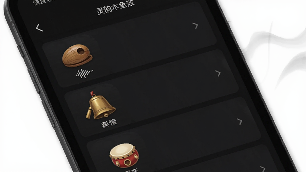 一张展示灵韵木鱼音效选择界面的图片,主体为手机屏幕特写,布局为纵向列表,排版清晰,风格为暗色系禅意风,细节包含多种音效图标如木鱼、铃铛、鼓等,画质清晰,干净,无多余元素