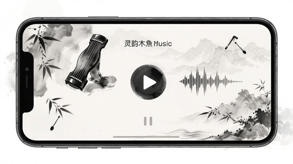 一张展示灵韵木鱼背景音乐播放界面的图片,主体为手机屏幕,布局为音乐播放器样式,排版简约,风格为水墨画风,细节包含古琴图标、播放按钮、音波纹理,画质清晰,干净,无多余元素