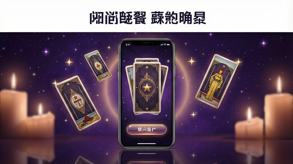一幅竖版手机应用展示图,画面中央放置一部智能手机,手机屏幕显示问问塔罗应用的主界面,界面中有塔罗牌背图案和占卜按钮,手机周围漂浮几张塔罗牌,背景是深紫色星空与柔和的烛光光晕,整体布局上手机居中,上方留白用于标题文字,下方有轻微倒影,风格神秘温馨,细节包括牌面纹理、星光点缀、界面按钮的光泽感,画质高清,干净,无多余元素