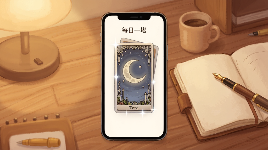 一张问问塔罗应用界面截图风格的插画,画面中央是一部手机,屏幕显示每日一牌页面,一张塔罗牌正在翻转,牌面有月亮图案,手机旁边有一本翻开的笔记本和一支笔,背景为暖色调书桌场景,风格温馨治愈,细节包括木纹桌面、柔和灯光、牌面光泽,画质高清,干净,无多余元素