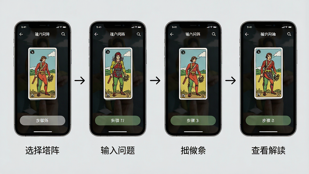 一张问问塔罗新手操作示意图,画面采用步骤式布局,从左到右依次展示选择牌阵、输入问题、抽牌、查看解读四个手机界面,每个界面下方有简短文字标注,背景为浅灰色,风格简洁清晰,细节包括界面按钮、牌面插画、步骤箭头,画质高清,干净,无多余元素