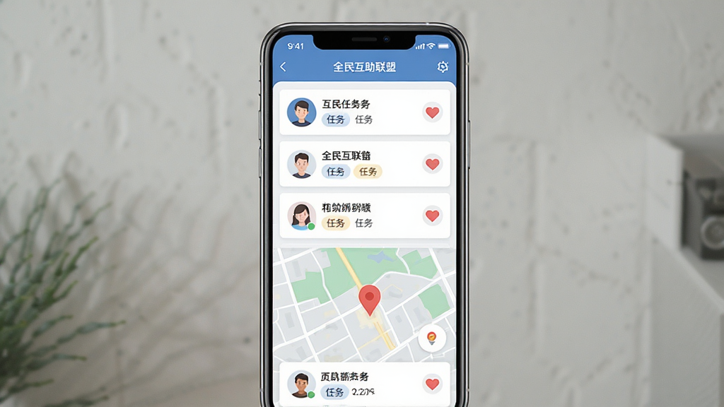 一张展示“全民互助联盟”手机应用界面的图片,主体为一部竖屏智能手机,屏幕显示互助任务列表和地图定位,布局居中,排版简洁,风格为现代扁平化UI设计,细节包括头像、任务标签和爱心图标,画质清晰,干净,无多余元素