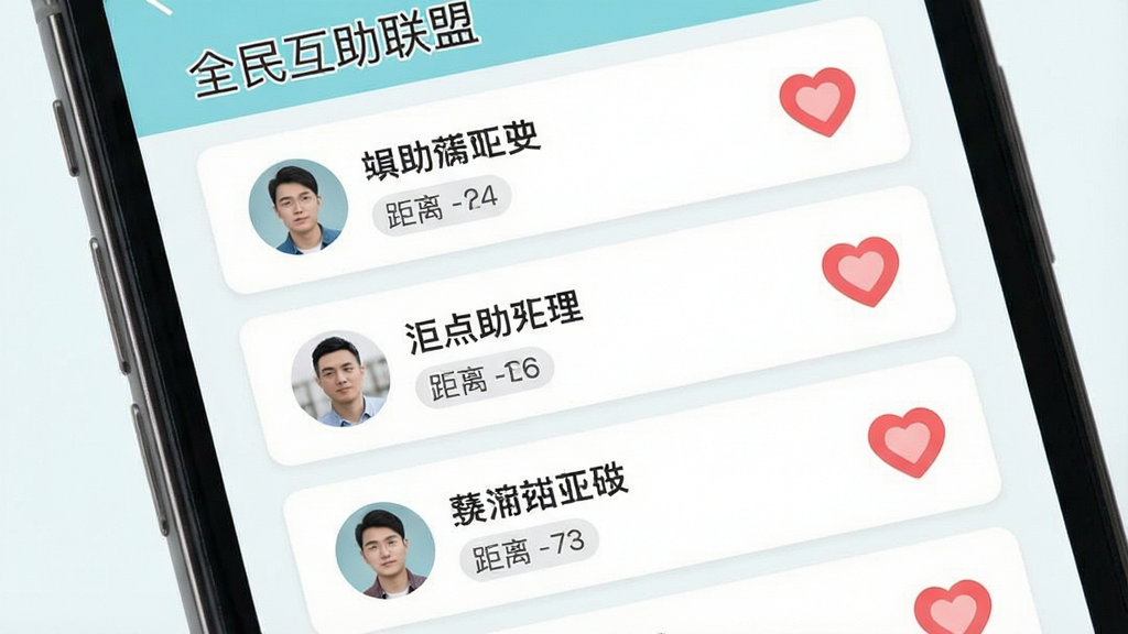 一张展示“全民互助联盟”信息流界面的图片,主体为手机屏幕显示多条互助卡片,布局为垂直列表,排版整齐,风格为清新浅色系,细节包括用户头像、距离标签、爱心按钮,画质清晰,干净,无多余元素