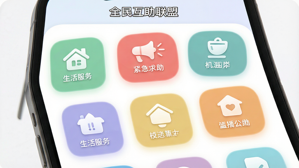 一张展示“全民互助联盟”分类选择界面的图片,主体为手机屏幕显示多个彩色图标按钮,布局为网格状,排版清晰,风格为柔和圆角设计,细节包括“生活服务”“紧急求助”等文字标签,画质清晰,干净,无多余元素