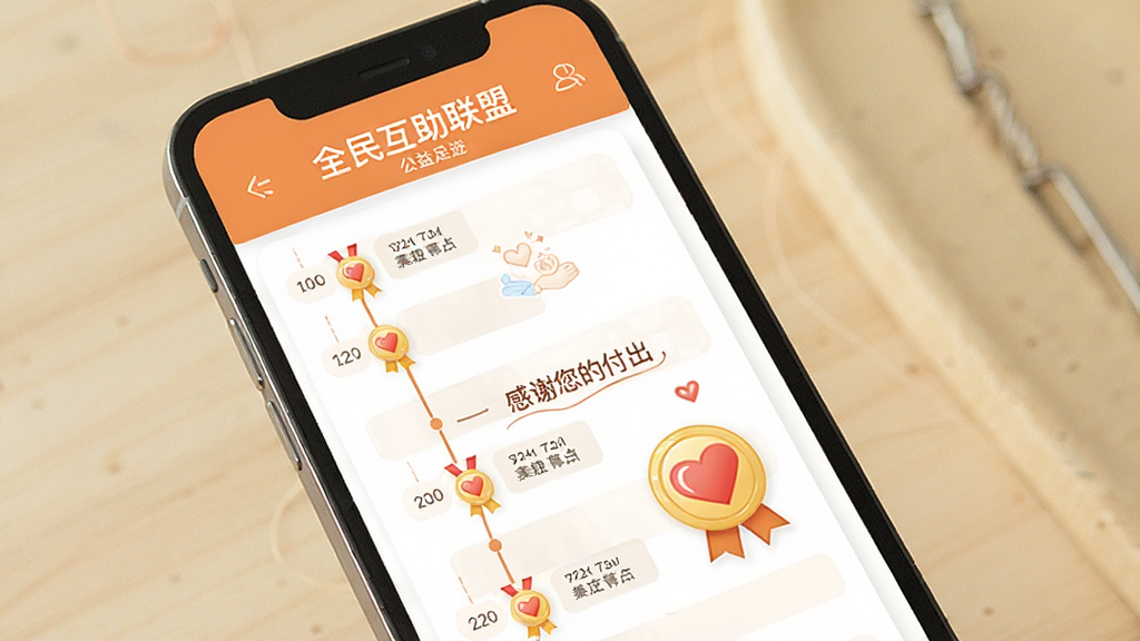 一张展示“全民互助联盟”公益足迹页面的图片,主体为手机屏幕显示时间轴和奖章图标,布局为纵向滚动,排版简洁,风格为温暖色调,细节包括“感谢您的付出”文字和爱心徽章,画质清晰,干净,无多余元素