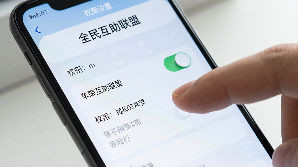 一部手机屏幕显示“全民互助联盟”权限设置界面,主体为手机和手指点击动作,布局为特写镜头,排版简洁,风格为写实科技感,细节包括权限开关和提示文字,画质清晰,干净,无多余元素