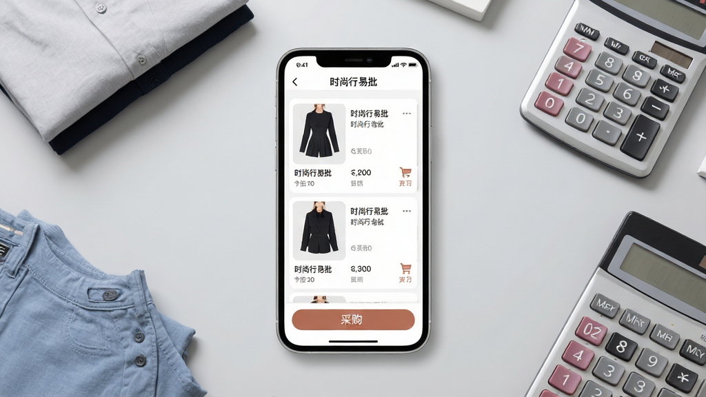 一张展示手机屏幕上显示时尚行易批应用主界面的图片,画面中央是手机正视图,屏幕内呈现商品列表和采购按钮,背景为简洁的浅灰色工作台,周围散落几件折叠整齐的服装和一台计算器,整体布局采用居中构图,排版干净利落,风格为现代商务扁平化,细节上手机边框圆润、界面图标清晰、文字标注“时尚行易批”,画质高清,画面干净,无多余元素