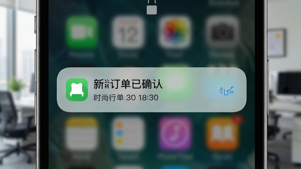 一张展示手机通知栏弹出时尚行易批消息提醒的图片,画面主体为手机锁屏界面,通知内容显示“新订单已确认”,背景为模糊的办公室环境,布局采用居中特写,风格为现代简约,细节上通知卡片圆角设计、图标清晰、时间显示准确,画质高清,画面干净,无多余元素