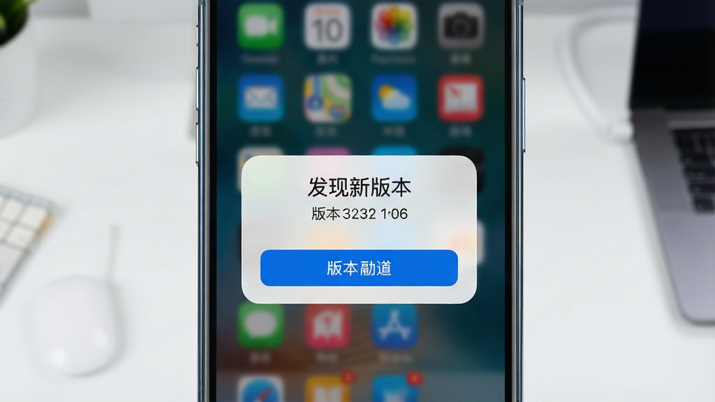 一张展示手机屏幕上显示应用更新提示弹窗的图片,画面主体为手机正面,弹窗内容为“发现新版本”,背景为简洁的桌面,布局采用居中构图,风格为现代科技,细节上弹窗按钮清晰、版本号可见、手机边框有轻微反光,画质高清,画面干净,无多余元素