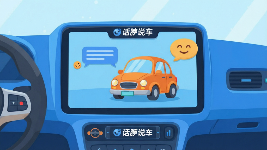 话痨说车软件主界面展示,一辆卡通风格的小汽车在中控屏幕上显示聊天对话框,旁边有语音气泡和笑脸图标,整体布局简洁明亮,中控台和方向盘细节清晰可见,风格为扁平化插画,色彩以蓝色和橙色为主,细节包含“话痨说车”文字标识,画质清晰,画面干净,无多余元素