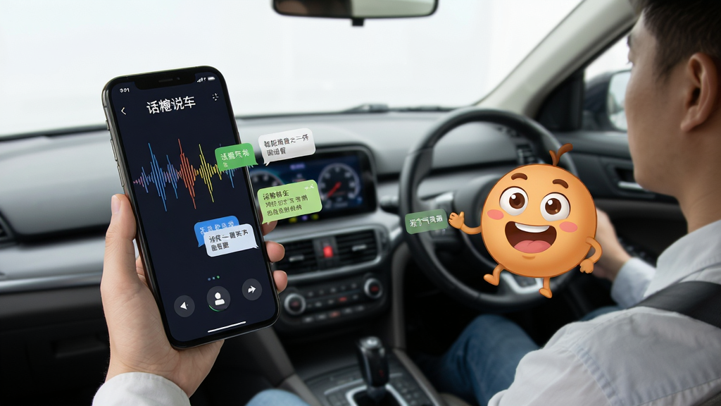 话痨说车智能语音闲聊场景,驾驶员坐在车内对着手机说话,手机屏幕显示声波和聊天气泡,副驾驶位置浮现一个卡通话痨小人形象,布局为车内视角,风格为写实卡通混合,细节包含“话痨说车”语音界面,画质清晰,画面干净,无多余元素