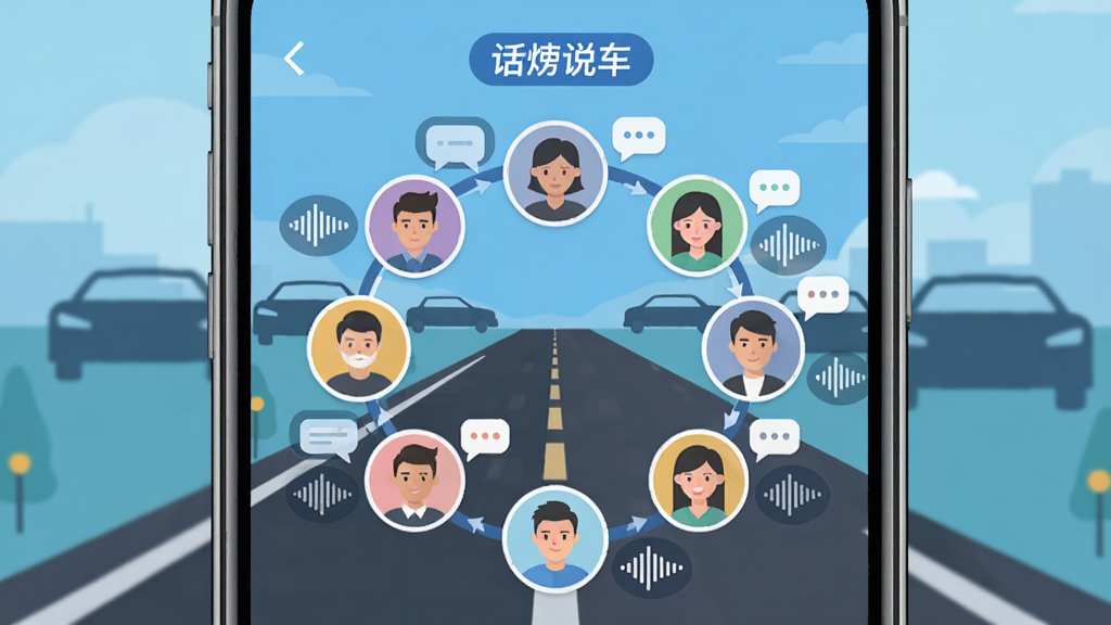 话痨说车车友语音社区界面,多个圆形头像排列成环形,每个头像旁有语音波形图标和聊天气泡,背景为公路和汽车剪影,布局为手机屏幕截图风格,风格为现代扁平化,细节包含“话痨说车”社区标签,画质清晰,画面干净,无多余元素