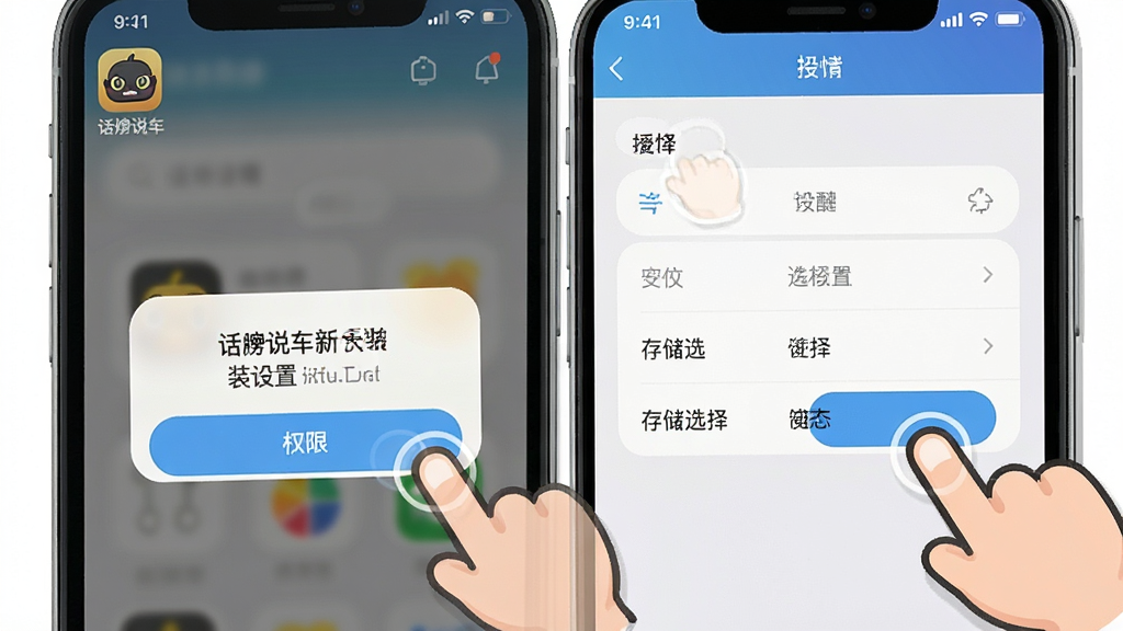 话痨说车新手安装设置界面,手机屏幕显示权限授权弹窗和存储选择菜单,旁边有卡通手指引导点击,布局为手机UI截图风格,风格为清新扁平化,细节包含“话痨说车”设置图标,画质清晰,画面干净,无多余元素