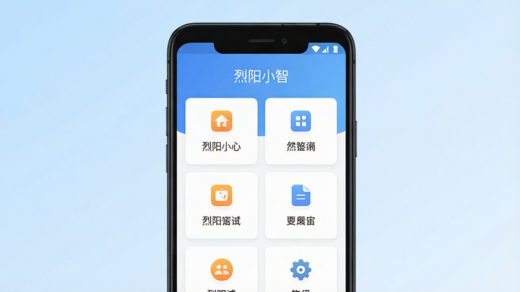 烈阳小智手机应用主界面展示图,画面中央放置一部安卓手机,屏幕内显示烈阳小智的首页布局,包含顶部标题“烈阳小智”和下方功能卡片区域,背景为浅蓝渐变,整体风格清新简洁,细节上突出图标与文字排版整齐,画质清晰干净,无多余元素
