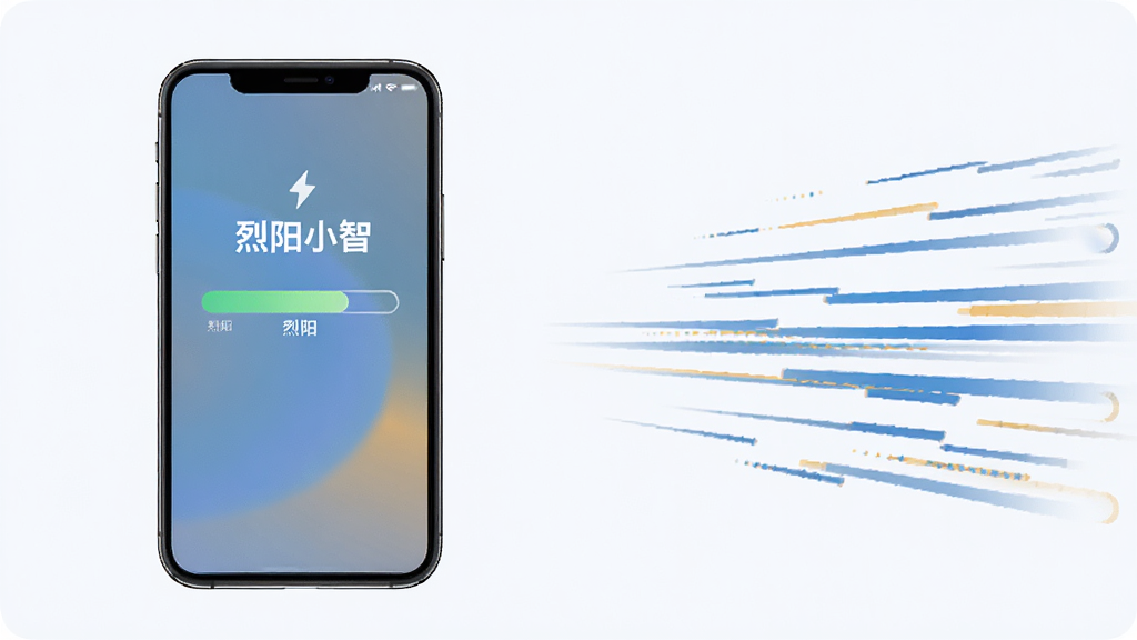 烈阳小智轻量启动概念图,画面左侧展示一部手机正在快速启动烈阳小智应用,屏幕中显示进度条和“烈阳小智”字样,右侧以抽象线条表现速度感,整体布局左右平衡,风格扁平化科技感,细节上突出流畅与轻盈,画质清晰干净,无多余元素