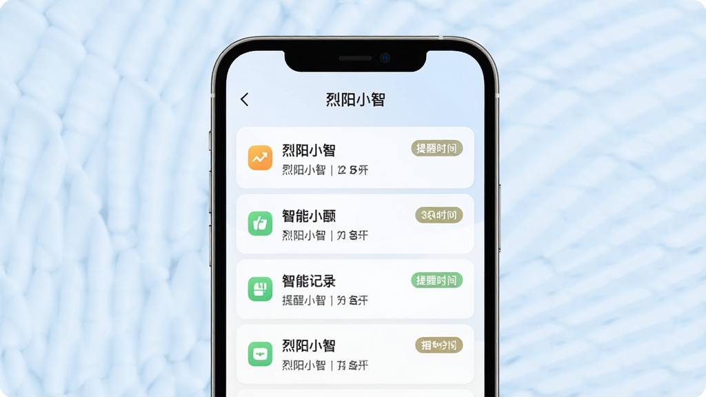 烈阳小智智能提醒与快捷记录功能界面图,画面展示手机屏幕内烈阳小智的待办列表页面,包含多条记录条目和提醒时间标签,顶部有“烈阳小智”标题,背景为柔和的浅色,整体排版整齐,风格简约实用,细节上突出文字清晰与图标统一,画质干净,无多余元素