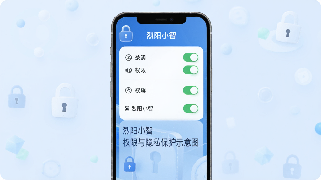 烈阳小智权限与隐私保护示意图,画面中央展示一部手机屏幕内烈阳小智的权限管理界面,包含权限开关列表和说明文字,顶部有“烈阳小智”标题,背景为浅蓝色调,整体风格简洁安全,细节上突出锁形图标与文字排版,画质清晰干净,无多余元素