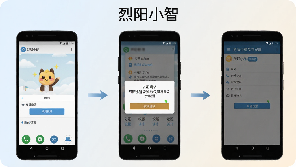 烈阳小智安装与权限设置步骤示意图,画面展示一部安卓手机屏幕,依次呈现安装界面、权限请求弹窗和后台设置页面,顶部有“烈阳小智”字样,背景为浅色渐变,整体布局分步骤排列,风格清晰直观,细节上突出按钮与提示文字,画质干净,无多余元素