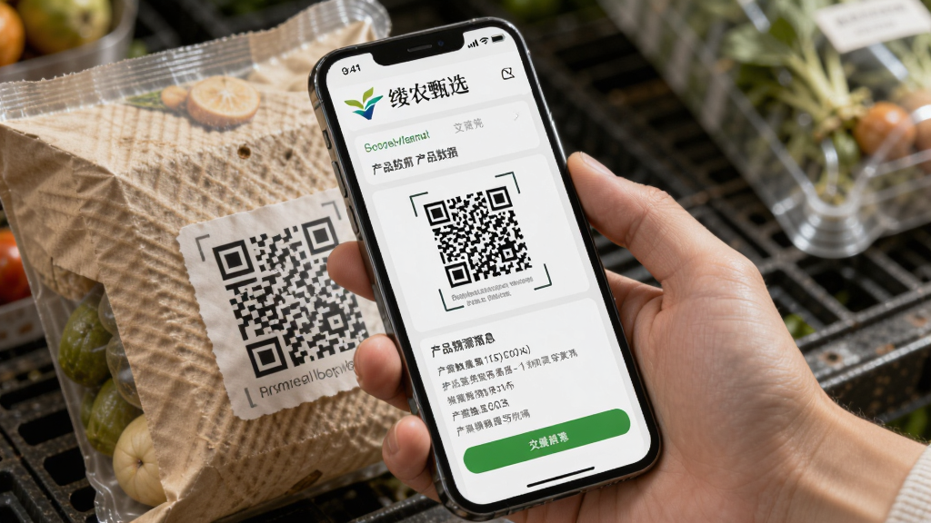 ����������һֻ�������ֻ�ɨ��ũ��Ʒ��װ�ϵĶ�ά�룬�ֻ���Ļ��ʾ��Դ��Ϣҳ�棬������ũ��ѡ��־����ϸ�Ĳ�Ʒ���ݡ����ֲ�����д��ͼ���ֺ��ֻ�λ�ڻ������ġ��Ű������ˣ����Ϊ�ִ��Ƽ��С�ϸ�ڰ�����װ�ϵ��������ֻ���Ļ��������ʾ������Ϊ���壬����ɾ����޶���Ԫ�ء�