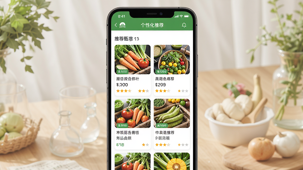 ������������ũ��ѡӦ�õĸ��Ի��Ƽ�ҳ�棬��Ļ��չʾ���ũ��Ʒ�Ƽ���Ƭ��ÿ�ſ�Ƭ����ͼƬ�ͼ�顣���ֲ�������״�Ű棬��Ƭ�������С����Ϊ���������UI��ơ�ϸ�ڰ����Ƽ���ǩ���۸���ʾ�������Ǽ�������Ϊ���壬����ɾ����޶���Ԫ�ء�