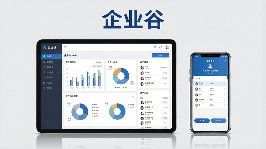 一张展示企业谷一站式管理功能的AI生图,画面主体为一部横向放置的平板电脑和一部竖屏手机并排展示,平板屏幕内呈现企业谷后台管理仪表盘,包含柱状图、饼状图和员工列表,手机屏幕内展示员工端考勤打卡页面,两个设备下方有淡淡的投影,背景为浅灰色纯色,整体布局左右对称,风格为简约商务风,细节上屏幕内容清晰可辨,画质干净,无多余元素,画面顶部用深蓝色字体写着“企业谷”,字体端正,整体色调以蓝白灰为主