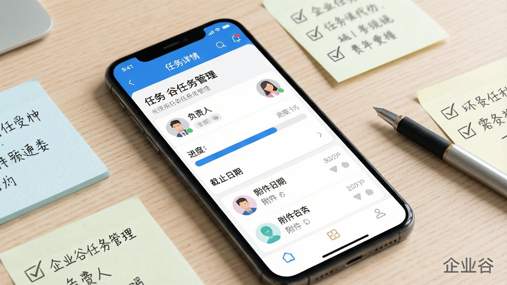 一张展示企业谷任务管理界面的AI生图,画面主体为一部竖屏手机,屏幕内显示任务详情页面,包含任务标题、负责人头像、进度条、截止日期和附件列表,手机旁边散落着几张带有对勾标记的便签纸和一支笔,背景为浅木色桌面,整体布局以手机为中心略微倾斜,风格为清新办公风,细节上进度条为蓝色填充,便签纸上有手写体文字,画质干净,无多余元素,画面右下角用灰色小字写着“企业谷”