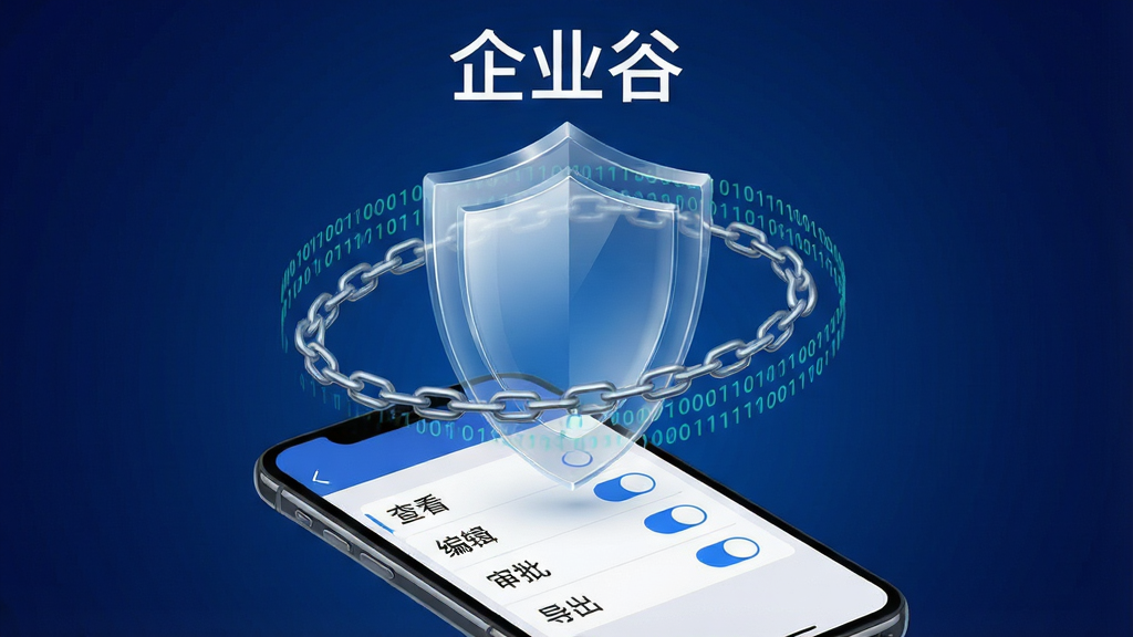一张展示企业谷数据安全与权限管理功能的AI生图,画面主体为一个半透明的盾牌图标悬浮在手机屏幕上方,手机屏幕内显示权限设置列表,包含“查看”“编辑”“审批”“导出”等选项及对应的开关按钮,盾牌周围有细密的锁链和二进制代码环绕,背景为深蓝色渐变,整体布局盾牌居中偏上,手机位于下方,风格为科技安全风,细节上盾牌表面有光泽感,代码清晰可辨,画质干净,无多余元素,画面顶部用白色字体写着“企业谷”