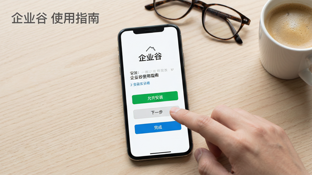 一张展示企业谷使用教程的AI生图,画面主体为一部竖屏手机放在桌面上,手机屏幕内显示企业谷的安装引导页面,包含“允许安装”“下一步”“完成”等按钮,手机旁边有一只手正在点击屏幕,背景为浅色木纹桌面,桌面上还有一副眼镜和一杯咖啡,整体布局以手机为中心,风格为生活化教程风,细节上屏幕内容清晰,手指动作自然,画质干净,无多余元素,画面左上角用灰色小字写着“企业谷 使用指南”