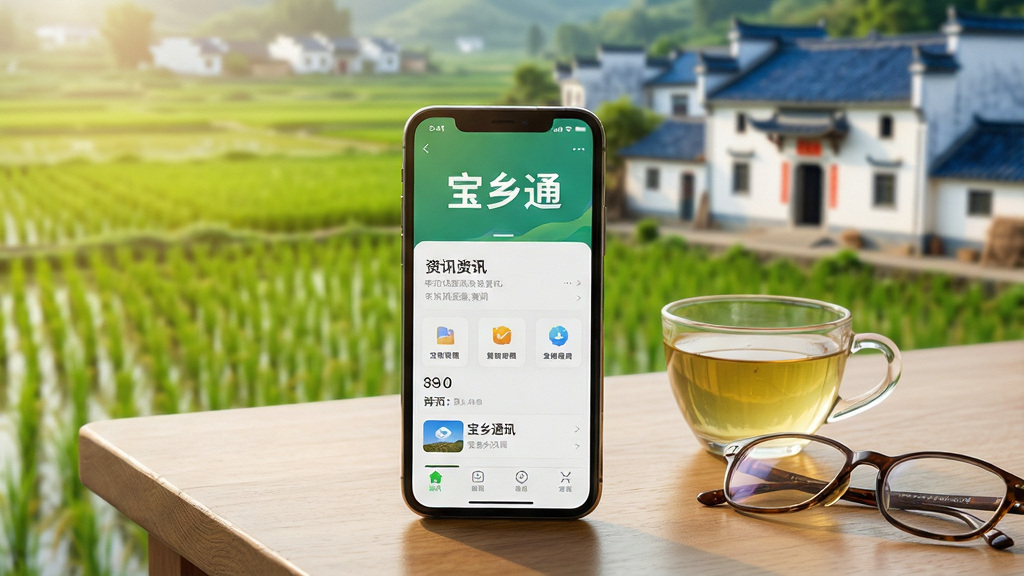 画面主体是一部智能手机,屏幕上清晰显示着“宝乡通”三个大字的应用程序主界面,界面布局包含资讯列表和功能图标。手机放置在一张木质桌面上,旁边点缀着一杯清茶和一副老花镜,背景是虚化的乡村田园风光,有绿油油的稻田和远处的青瓦白墙。整体采用温暖明亮的写实摄影风格,光线柔和自然,细节丰富,画质清晰,画面干净整洁,无多余杂乱元素。